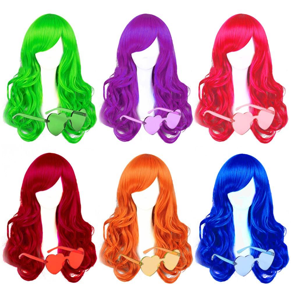Long Colored Wigs - 6 Pack Wavy Neon & Curly Color Wigs for Women - Come with Extra Neon Glasses - Bachelorette Party Favors (Blue, Green, Orange, Purple, Pink, Wine Red)