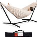 PNAEUT Double Hammock with Space Saving Steel Stand 2 Person Heavy Duty Garden Yard Outdoor 450lb Capacity Hammocks (Beige)