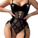 Sexy Strappy Lace Up Underwire Sheer Leather Garter Belt Teddy Bodysuit Lingerie Top 2 Piece Set (Medium, Pu Black)