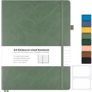 College Ruled Notebook, A4 Hardcover Leather Notebook for Work, Lined Notebook Journal for Women Men, 192 Thick Paper, Lay Flat Large Notebook with Pockets, Professional Business Notebook, Light Green