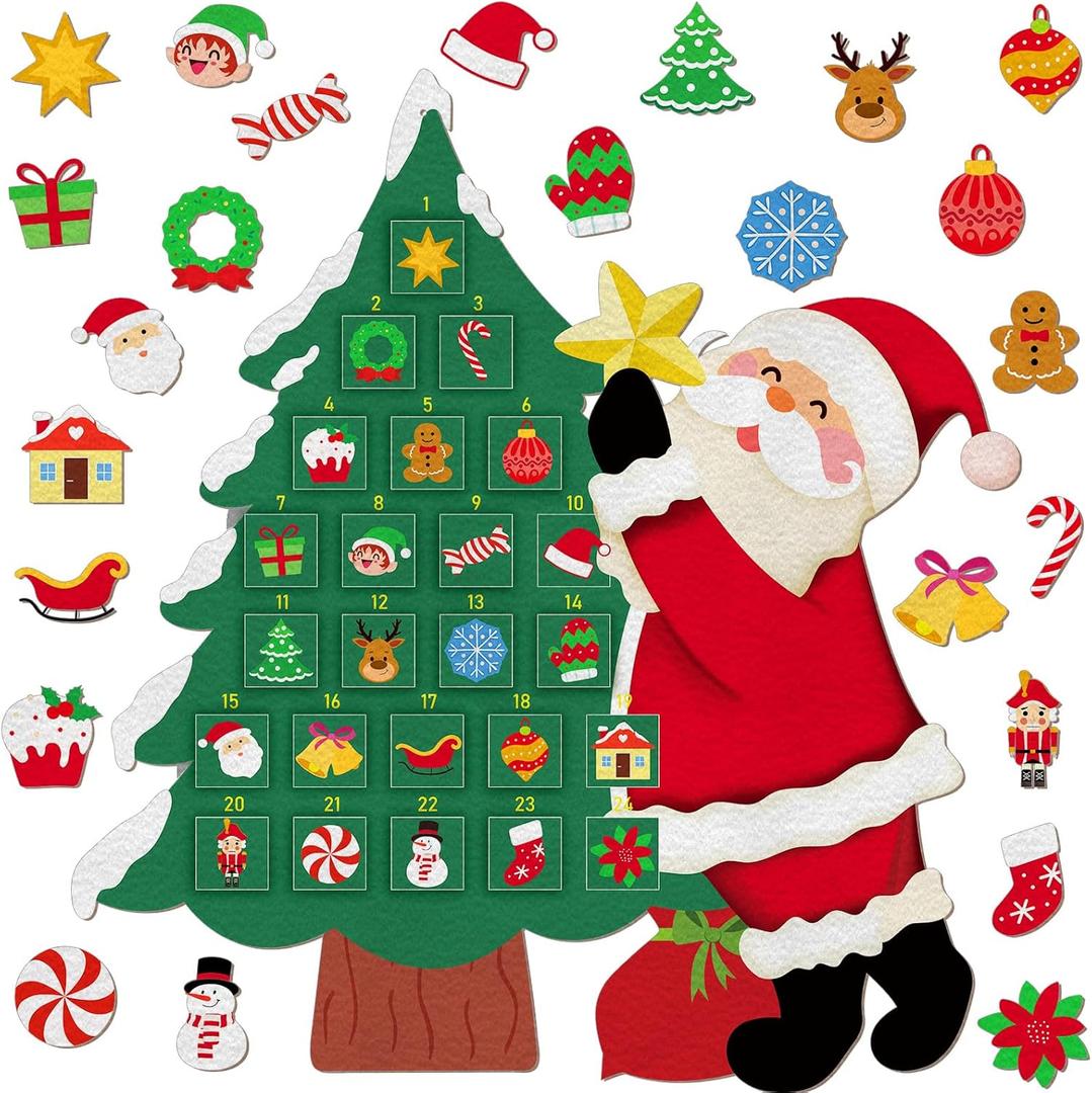 Christmas Tree Advent Calendar Felt Christmas Tree for Kids Countdown to Xmas with 24 Pockets Countdown Calendar Reusable Xmas Decorations Wall Hanging Gifts for Toddlers Home Door Wall Party