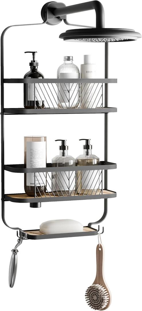 Zenna Home Hanging Shower Caddy, Over The Shower Head Caddy with 2 Bamboo Shelves and Soap Dish, Easy to Install Bathroom Hanging Organizer, Matte Black