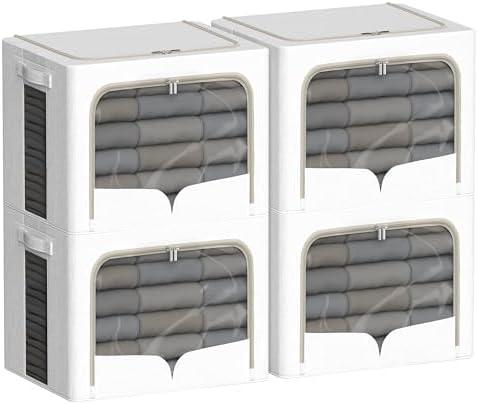 4 Pack Clothes Storage Bins with Metal Frame Clothing Storage Bins with Lid Linen Fabric Storage Box With Clear Window＆ Zippers＆ Durable Handles (Extra Large- 80L, Count, 4)