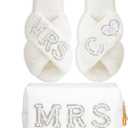 Xtinmee Personalized Initial Wedding Bride Slippers MRS Pearl Letter Makeup Bag Bridal Shower Gifts for Wedding Day (C)