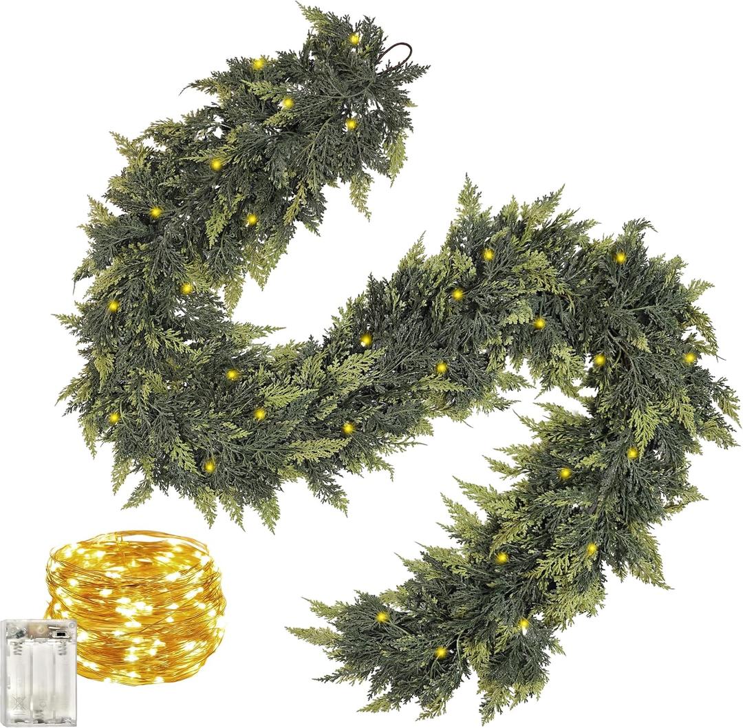Cedar Real Touch Garland with Lights, 6Ft Pre-Lit Garlands Christmas Decorations, Thickness Realistic Greenery Artificial Pine Garland, Thickness Faux Cedar Garlands for Mantle Xmas Decor