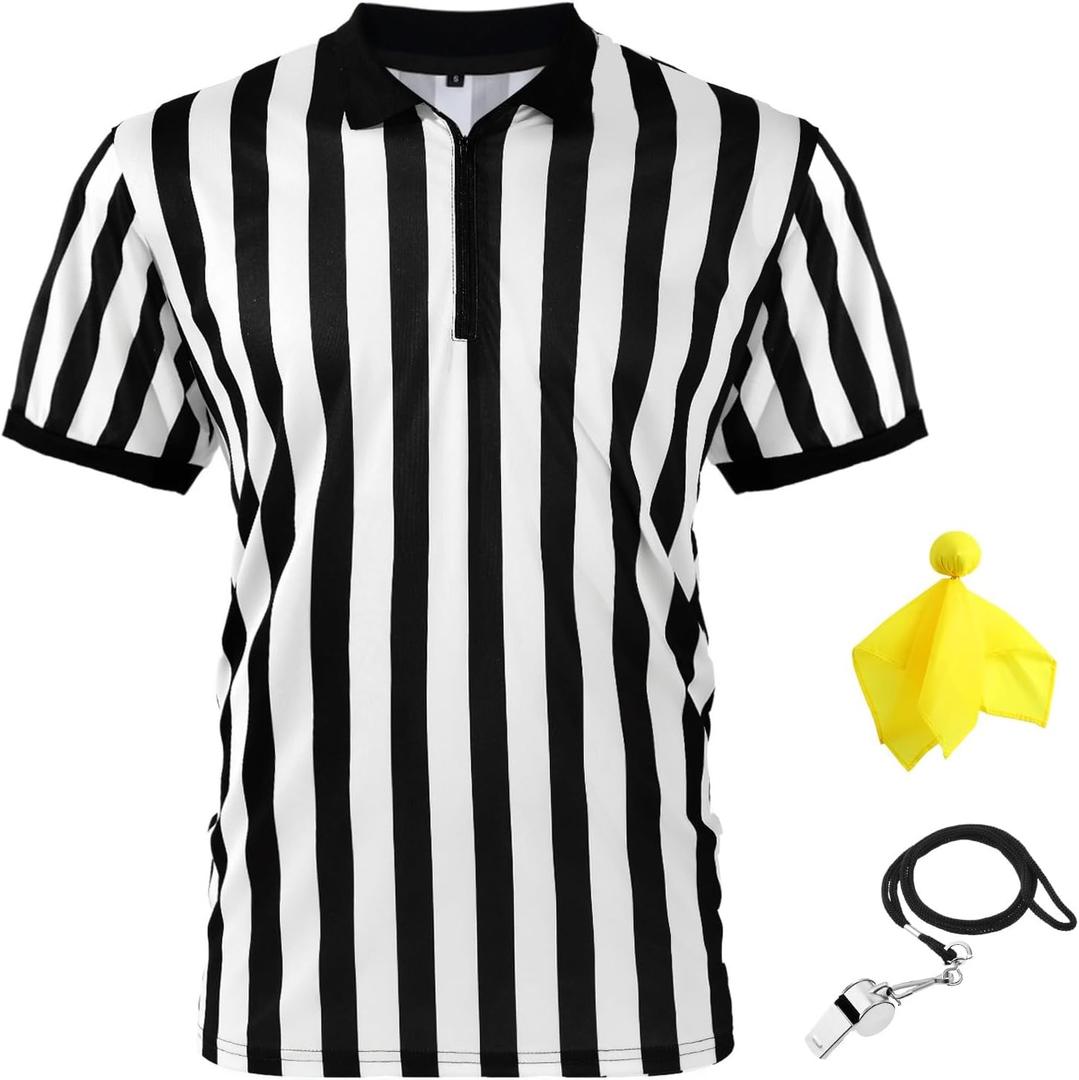Syhood Men's Referee Shirt Stripe Umpire Jersey, Penalty Flag and Whistle for Football Soccer Sports and Halloween Cosplay (Small)