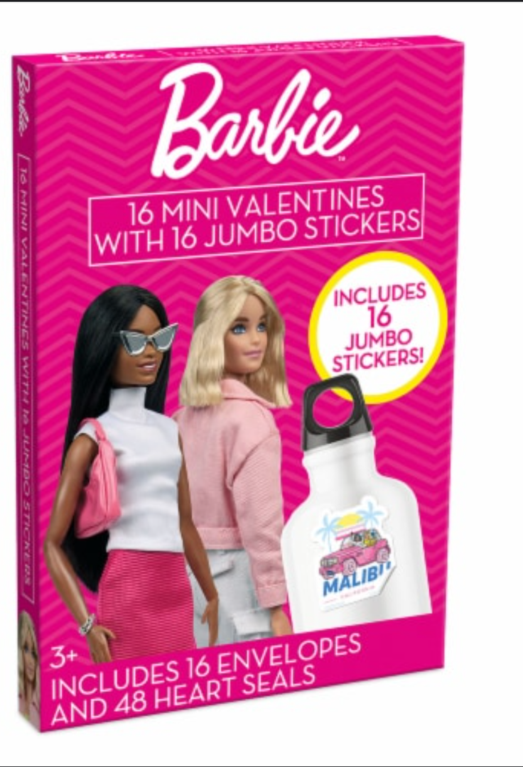 Barbie 16 Mini Valentines with 16 Jumbo Stickers. Pack of 3