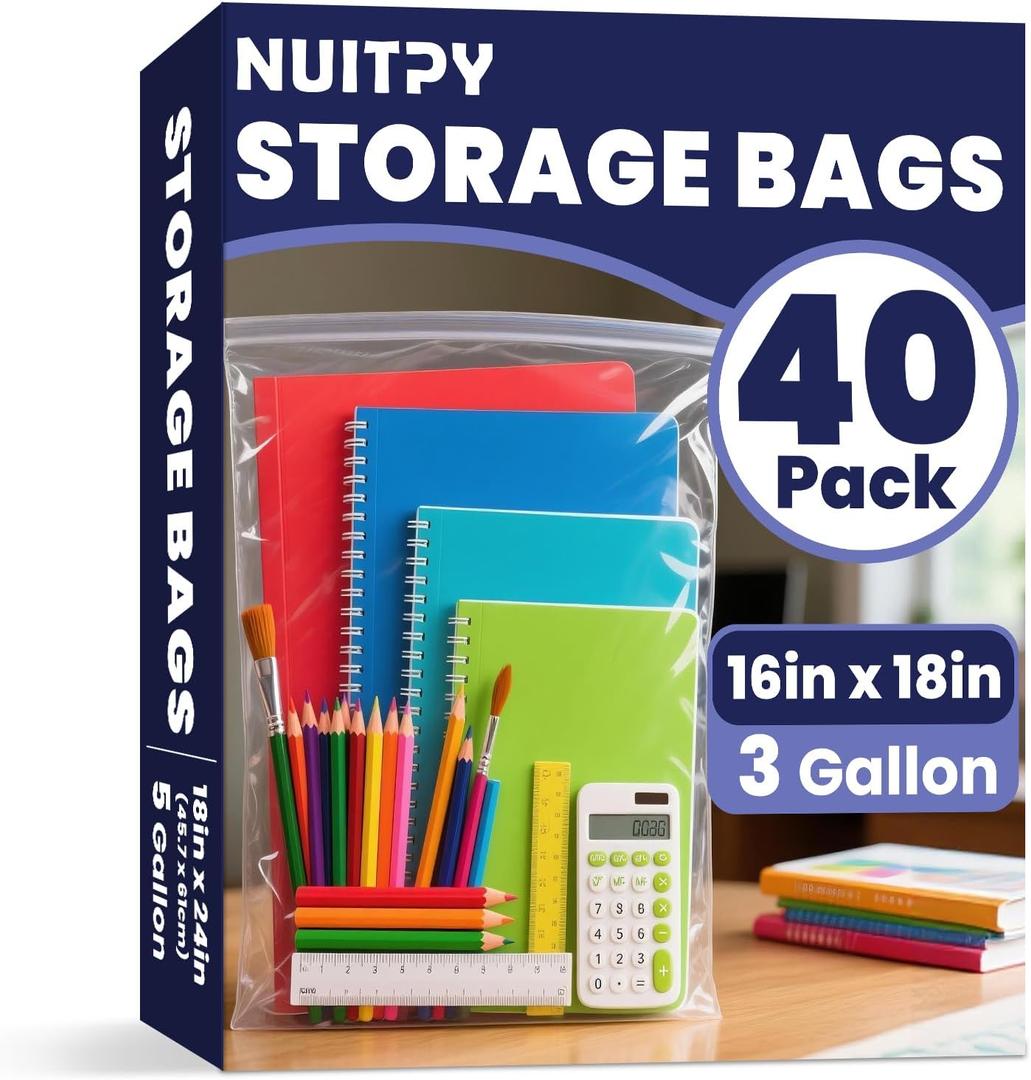 40 Pack Large 3 Gallon Storage Bags with Zipper Top, 16 x 18 inch Zipper Bags, Clear Plastic Bag for Storage, Reusable, Sealable Storage Bag for Clothes, Travel & Moving, Double-sided Thickness 4 Mil