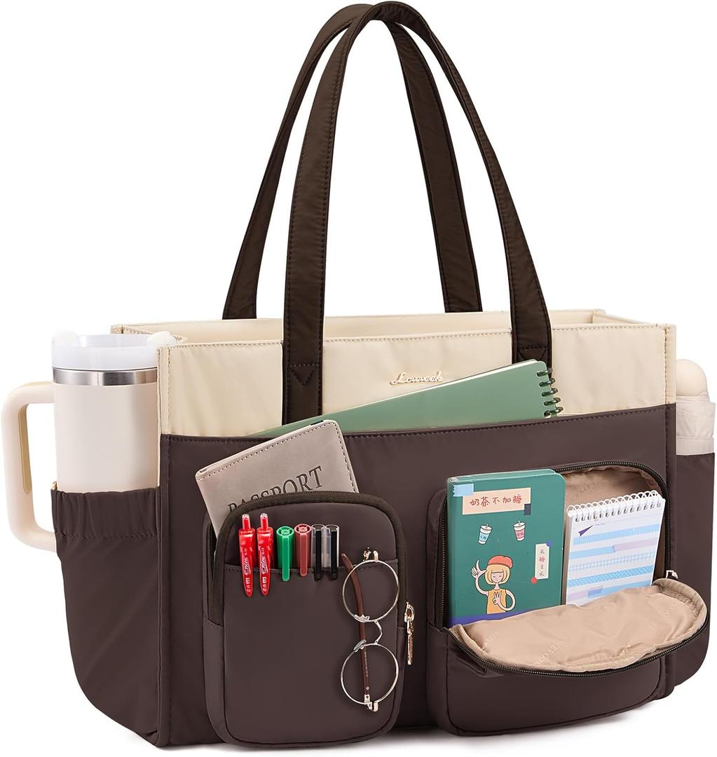 LOVEVOOK Teacher Tote Bag for Women,Multi-pocket Laptop Bag with Large Cup Holder,Nurse Bags Work Travel Computer Handbag (15.6 inch, Almond Chocolate)