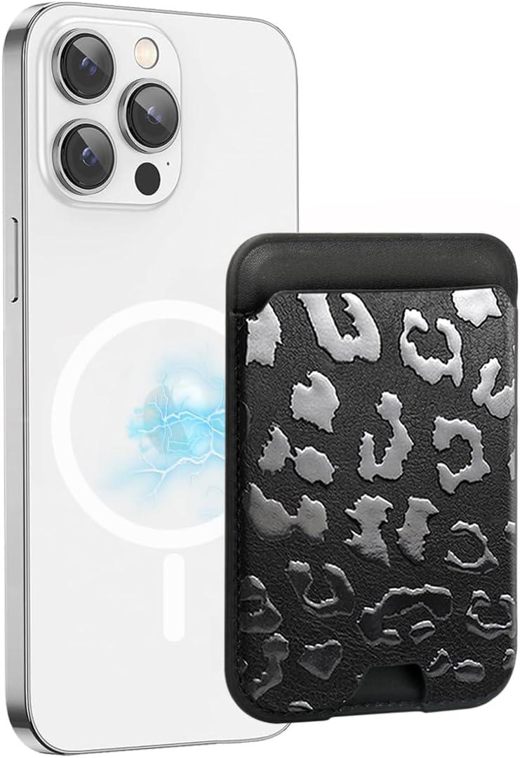 for Magsafe Wallet, Magnetic Wallet Card Holder for iPhone 17/Air/16/16e/15/14/13/12 Pro/Max/Plus/Mini Case, Strong Magnet Phone Pocket Cute Design Credit Card Fit 3 Cards(Black Leopard)