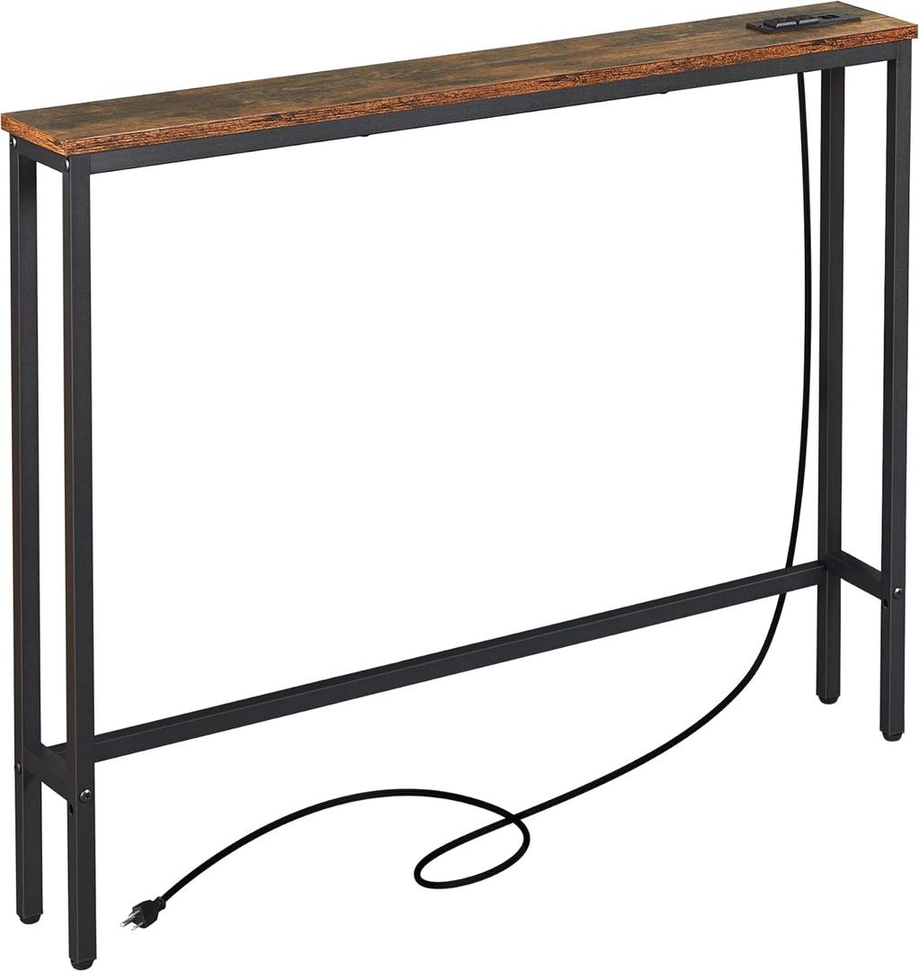ELYKEN 5.9" Narrow Console Sofa Table with Power Outlets and USB Port, 5.9" Dx39.4 Wx31.1 H Long Behind Couch Table with Metal Frame and 6.5 Extension Cord, Rustic Brown