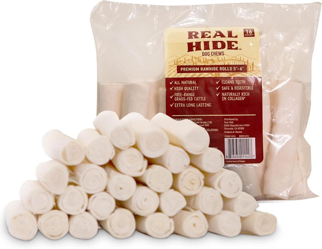 Real Hide | All Natural Dog Chew Treats - Premium Rawhide Rolls, 5-6 Inch - Long Lasting Grass Fed Free Range Beef Hide - Small/Medium Dogs - 16 Count (EXP 02/18/27)