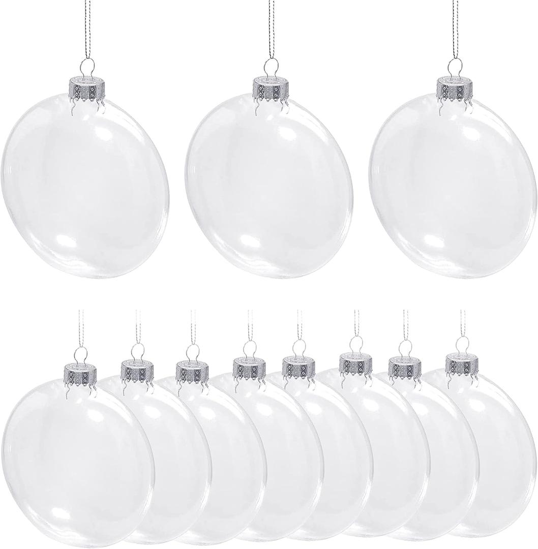 4E's Novelty Clear Flat Ball Ornaments for Crafts Fillable - Pack of 12 Bulk, 80mm 3.15" Disc Shaped Transparent Shatterproof Christmas Ornaments for DIY Crafts to Paint Or Fill