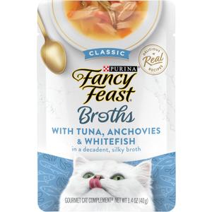 Purina Fancy Feast Lickable Wet Cat Food Broth Topper Classic With Tuna, Anchovies and Whitefish - (Pack of 16) 1.4 oz. Pouches (EXP 03/31/26)