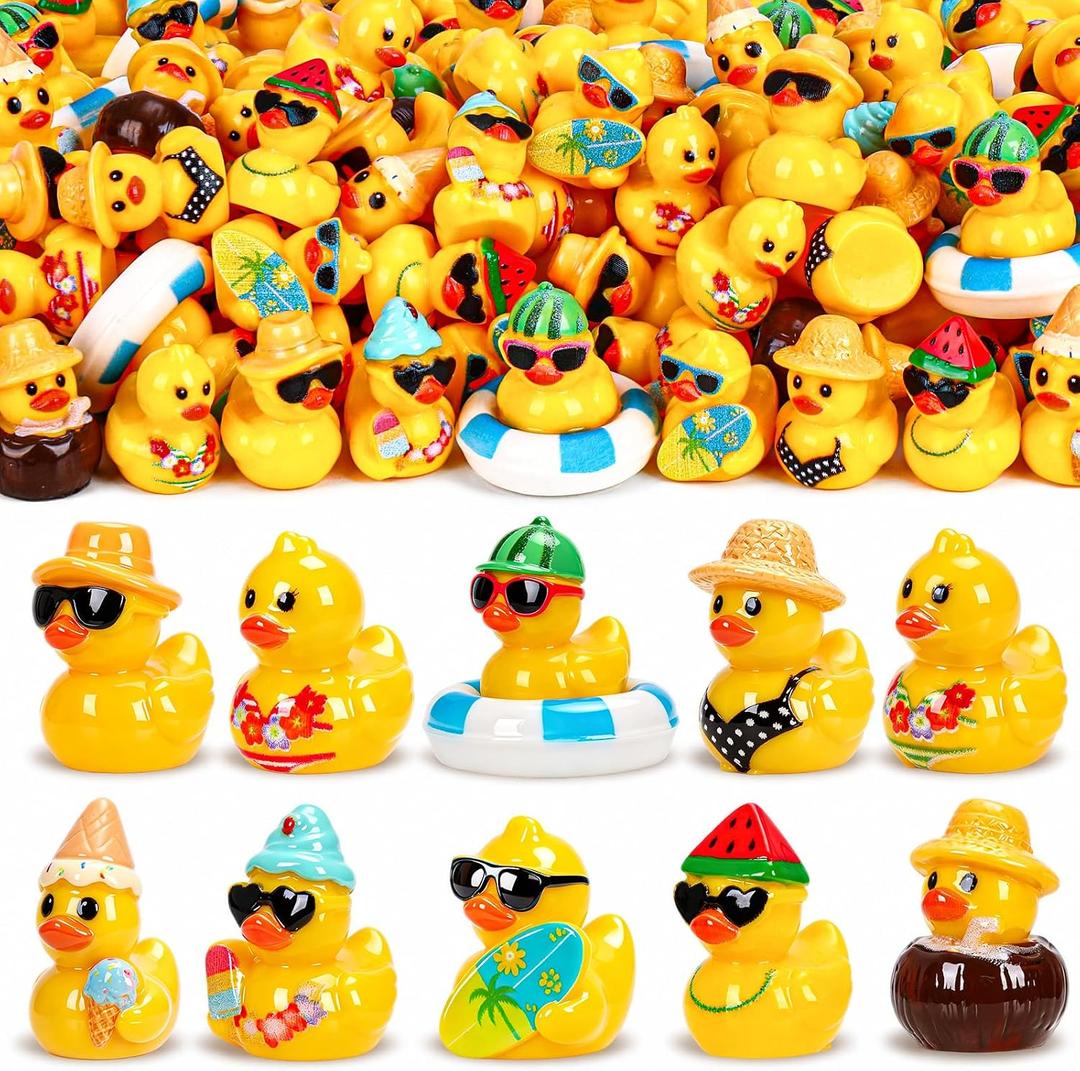 120 Pcs Summer Mini Resin Ducks 10 Beach Vacation Styles Tiny Cruise Ducks to Hide Miniature Hawaii Duck Figurines for Pool Party Favors DIY Crafts Cake Toppers Fairy Garden Aquarium Desk Decor