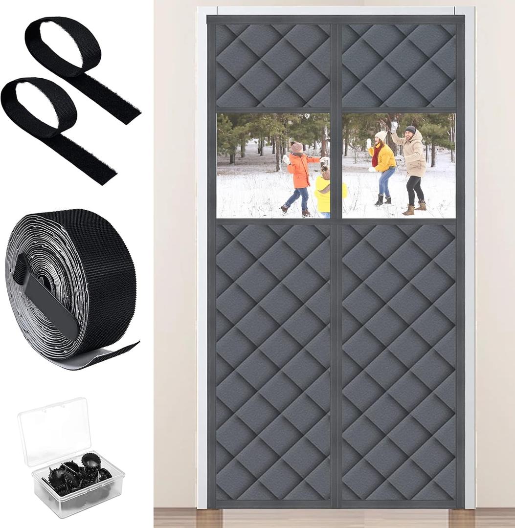 Visible Magnetic Thermal Insulated Door Curtain, Fit 36 x 80 Door Cover Curtain with Window, Magnetic Winter Door Curtain Sound Proof Curtain for Doorway Weatherproof Thermal Door Curtains