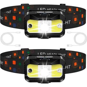 MIOISY Headlamp Rechargeable, Ultra Bright LED Head Lamp Flashlight with White Red Light, 2 Pack Motion Sensor Waterproof Headlight, 8 Modes Lights for Camping Fishing Running