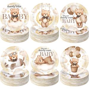 Funnymoom 60 Pcs Bear Baby Shower Decorations 7 Inch Brown Bear Paper Plates We Can Wait Party Supplies Gender Reveal Plates for Brown Baby Shower Birthday Party