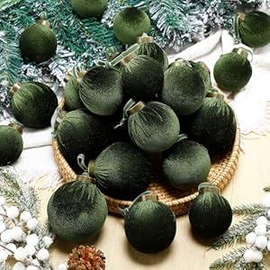 HyDren 24 Pcs Moss Green Velvet Christmas Ornaments Balls Bulk Flocked Christmas Tree Ornaments 3.15, 2.76, 2.36 Inch Shatterproof Hanging Xmas Tree Balls Decor for Xmas Decorations
