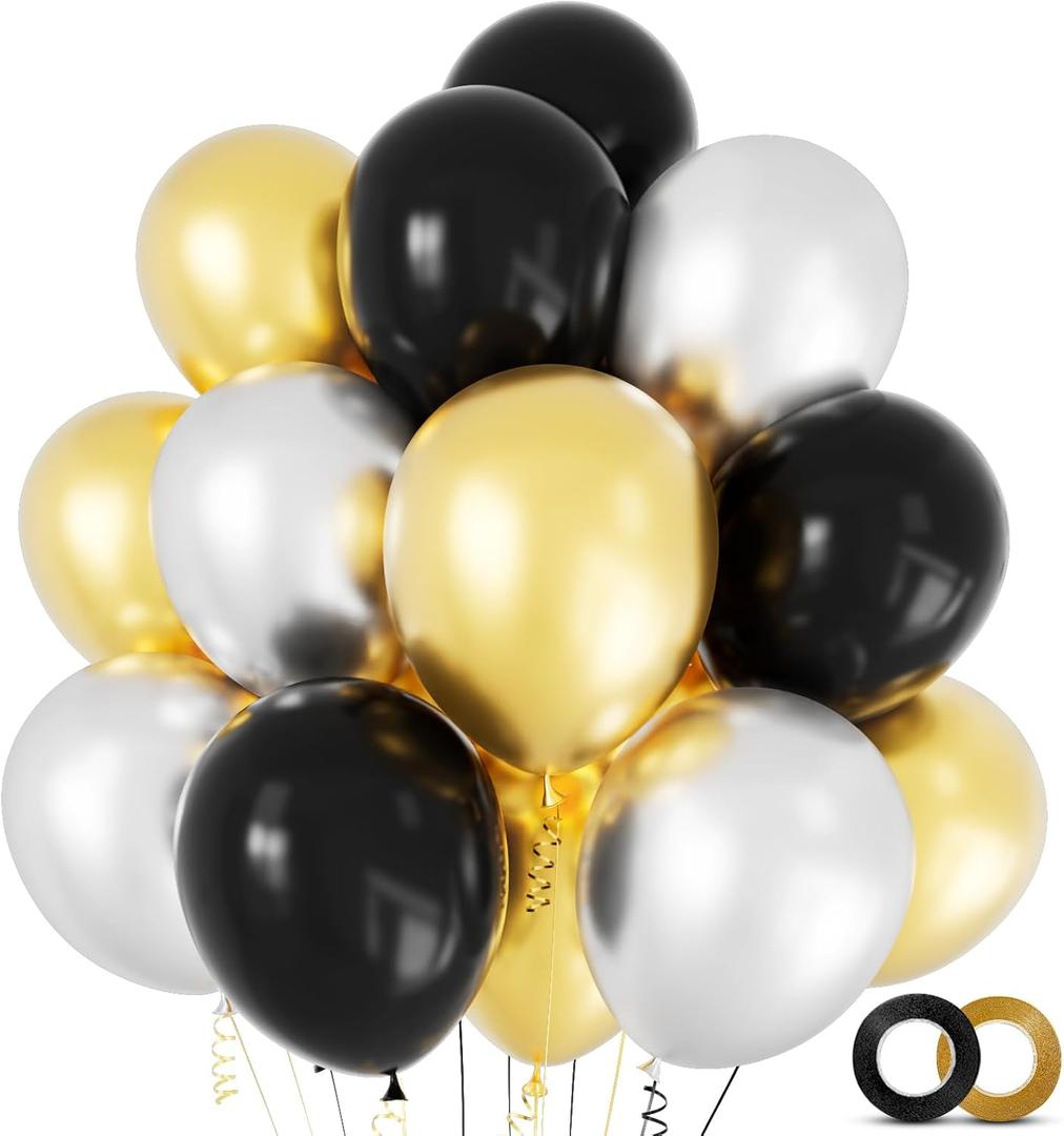 100 Pack Black Gold and Silver Balloons 12 inch Latex Party Balloons with 65ft Ribbon for Birthday Graduation New Year Party Decorations Supplies