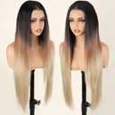 SOKU 13x6 Long Straight Lace Front Wigs 32 Inch Ombre Black Brown Blonde Lace Frontal Wigs with Baby Hair Glueless Free Part 3 Tone Ombre Color Synthetic Wigs Pre Plucked for Women Ready to Wear