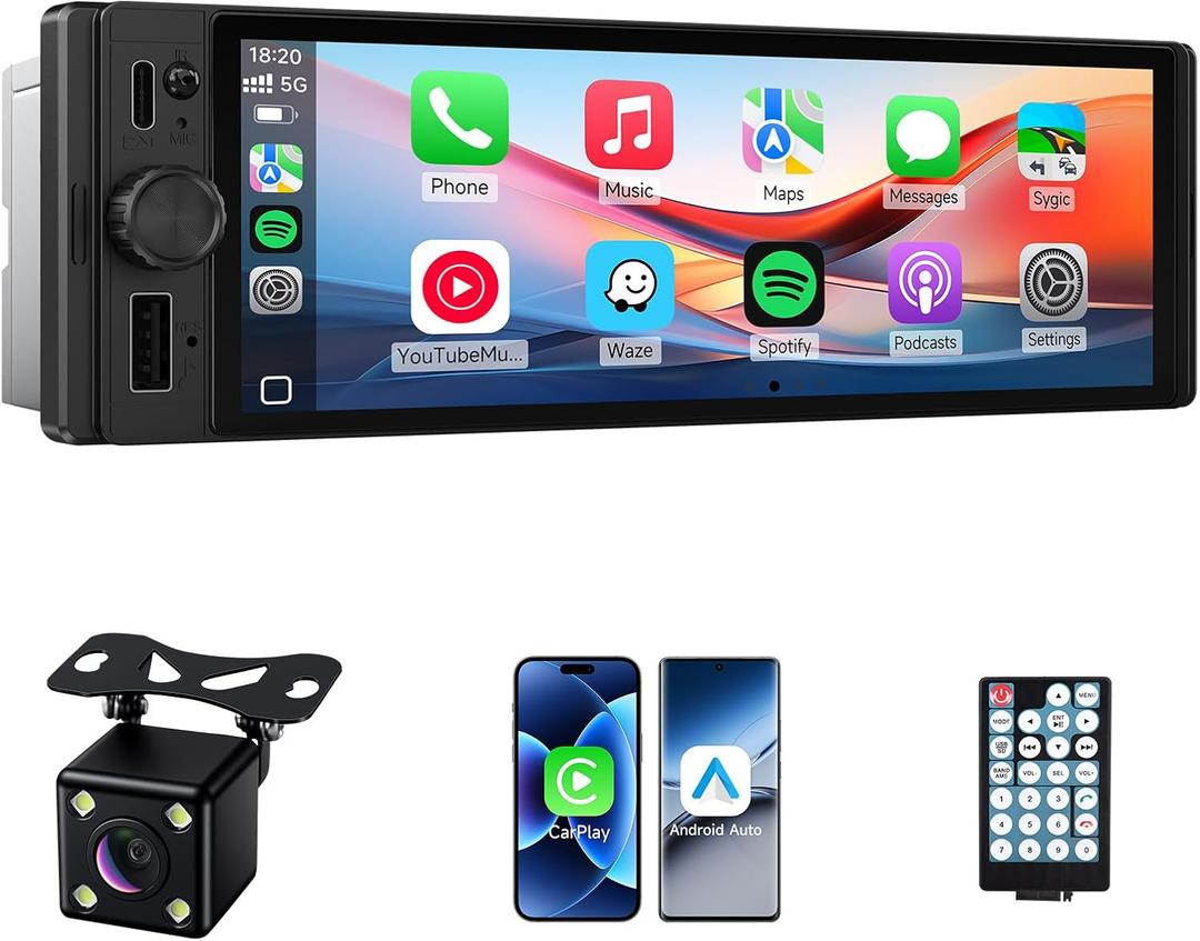 Single Din Car Stereo, 6.28 Inch Wireless CarPlay&Android Auto Single Din Touchscreen Radio-Incell Car Radio Screen MirrorLink Type-C Charge Head Unit Supports Bluetooth/SWC/FM/USB/EQ Backup Camera