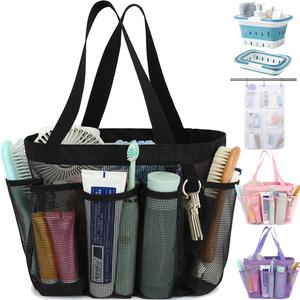 Fammart Mesh Shower Caddy Portable for College Dorm Room Essentials, 8-Pocket Large Shower Basket Tote Bag with 2 Handles for Toiletry, Bathroom, Beach, Camp, Gym (Multiple Pockets - Black)