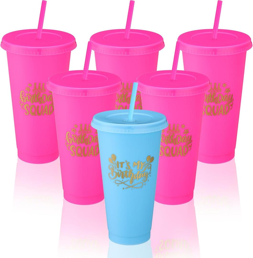Birthday Squad Cups 24 oz Party Tumblers Plastic Tumblers with Lid and Straw for 20th 30th 40th 50th 60th Birthday Decorations Favor for Women Girls Adults(Blue, Rose Red,6 Pcs)