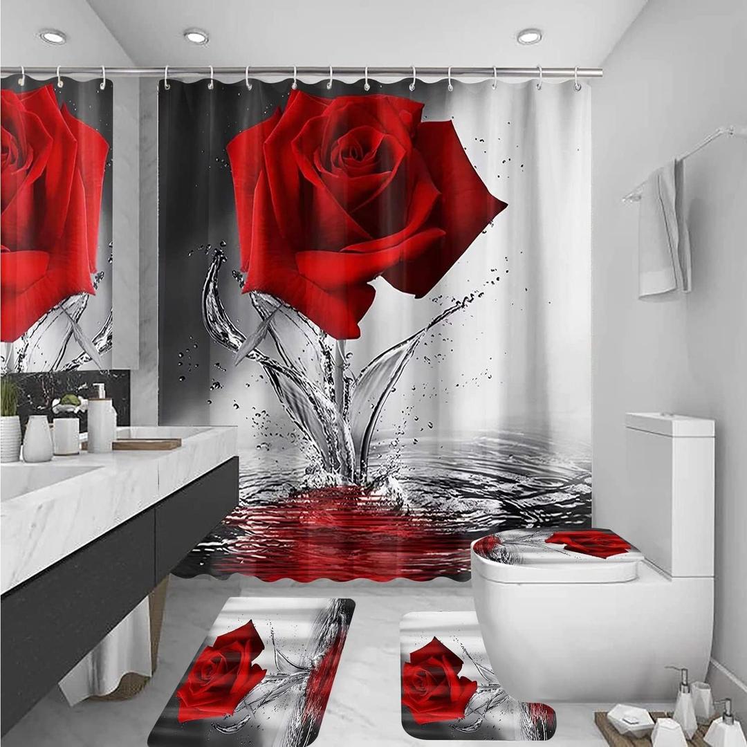 4Pcs Red Rose Shower Curtain Sets, Mother's Day Romantic Water Red Rose Bathroom Sets with Shower Curtain and Rugs Toilet Lid Cover Bath Mat, Waterproof Fabric Rose Gift Shower Curtains with Hooks