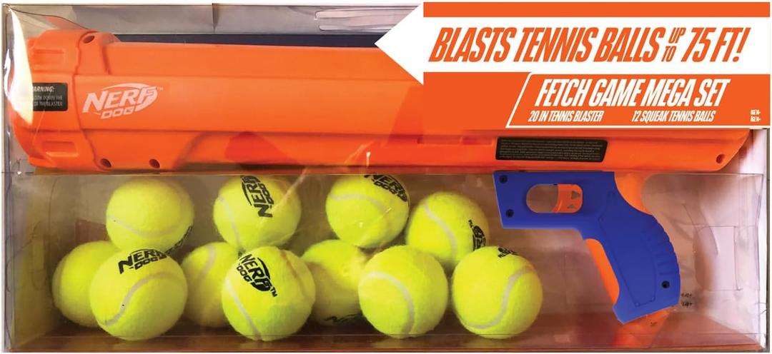 Nerf Dog Tennis Ball Blaster Dog Toy Gift Set, Launches up to 75 ft, for All Breeds Includes Orange Ball Launcher and 12 Dog Tennis Balls