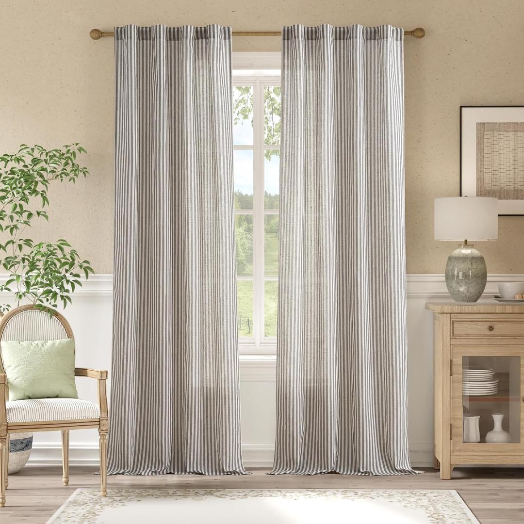 jinchan Linen Curtains Charcoal Grey on Beige Striped Curtains for Living Room Bedroom Ticking Stripe Light Filtering Farmhouse Cottage Core Rustic Back Tab Window Treatment 2 Panels 84 inches Long