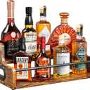 KLM Liquor Bottle Display Shelf, Coffee Syrup Rack Organizer, 2 Step Countertop Liquor Wine Rack, Mini Bar,Liquor Cabinet, Home Retro Bar Shelf Stand for Liquor Whiskey, Spirits, Brown