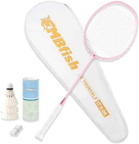 MBFISH Badminton Racket Set with 1 Carbon Fiber Racquet, 3 Shuttlecocks, 2 Replacement Grip Tapes and 1 Badminton Bag - Perfect for Outdoor Games and Gym 5U