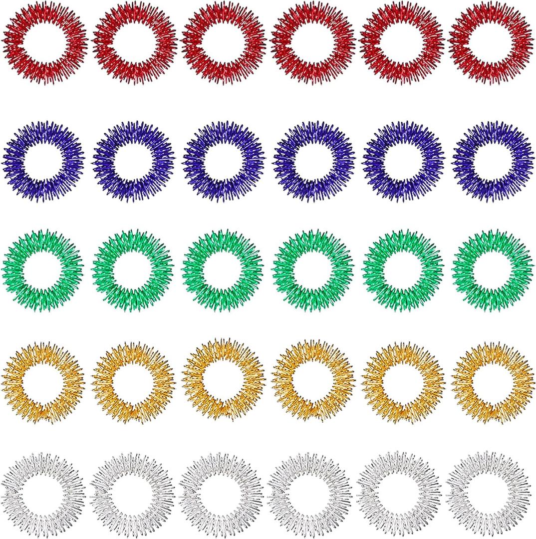 30 Pieces Acupressure Rings Spiky Sensory Rings for Fingers Stress Relief Fidget Sensory Massager for Teens Adults (Red, Blue, Green, Gold, Silver)