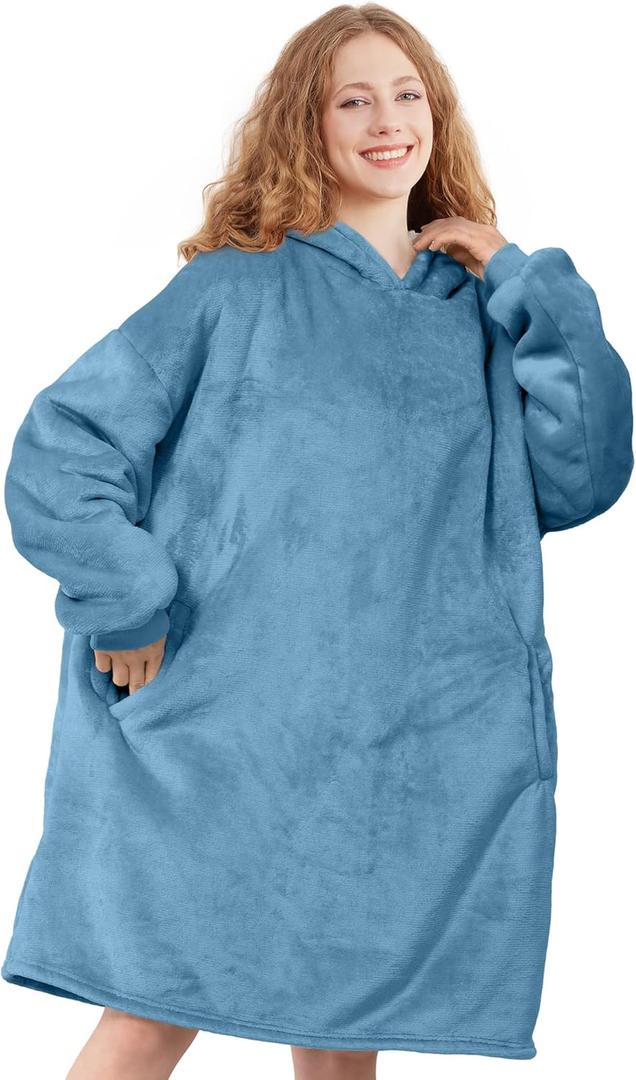 AmyHomie Wearable Blanket Hoodie for Adults & Teens,Oversized Sherpa Hooded Blanket,Warm Cozy Blanket Sweatshirt as Christmas Birthday Gifts for Women Men (Grey Blue)