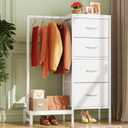 Dresser with Hanging Rack, 4 Drawers Small Closet for Bedroom, Reversible Fabric Kids Chest of Drawers with Clothes Rack, Tall Storage Tower, Sturdy Frame, White, 44''H