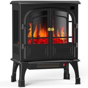 Sweetcrispy Freestanding Electric Fireplace Heater, 26Two Door Fireplace with 3D Flame Effect, Overheating Safe Design, Energy Saving Space Heater with 12H Timer&Remote for Living Room, Bedroom,Black