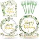 Grencian 96Pcs Sage Green Happy Birthday Party Decorations Retro Green Birthday Plates Eucalyptus and White Flower Paper Plate Disposable Sage Tableware for Baby Shower Party Favors Serves 24