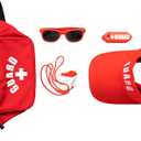 Lifeguard 6 Piece Accessories Kit - Fanny Pack First Aid Pouch w/Adjustable Waist Hip Strap, Red Sun Visor w/Adjustable Strap, Whistle & Lanyard, Red Sunglasses, Rescue Tube Float Keychain