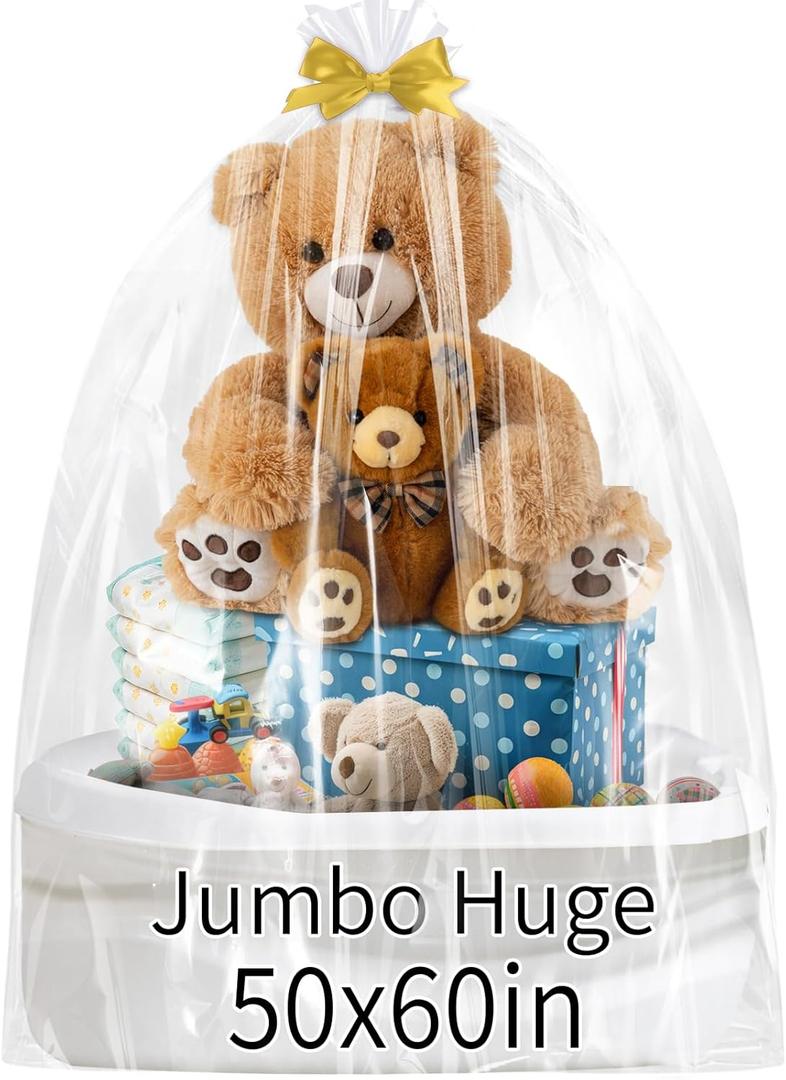 woric 6PCS Jumbo Huge Cellophane Gift Bags 50x60 Inch Extra Large Cellophane Wrap for Bathtub Baby Shower Birthday Mothers Day Graduation Gifts Baskets Stuffers