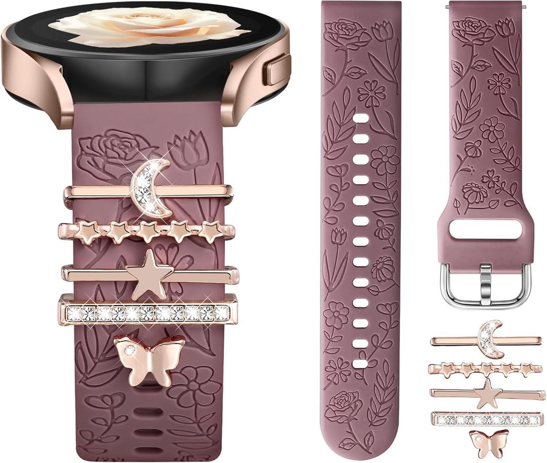 DaQin Flower Engraved Band Compatible with Samsung Galaxy Watch 7 Band/FE 6 5 4 40mm 44mm,Galaxy Active 2, 20mm Watch Band Soft Silicone Replacement Strap with Decorative Charms Accessories Women
