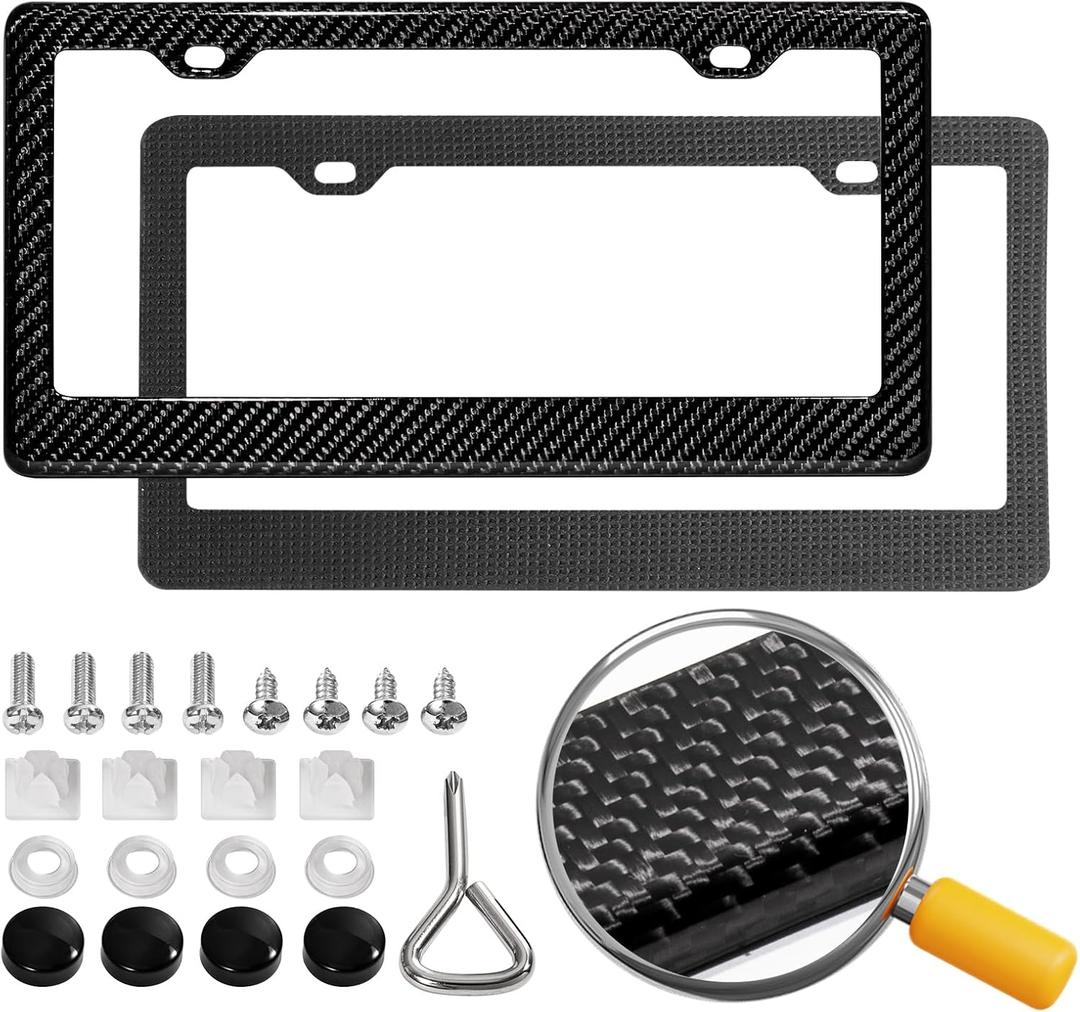 Real Carbon Fiber License Plate Frame, 100% Pure Carbon Fiber Frame, Black License Plate Holder Cover with Screw Caps, Anti-Vibration Pads, (Twill 2 Hole)