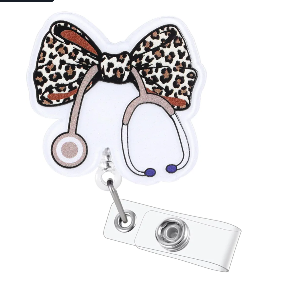 Leopard Bow Stethoscope Badge Reel, Cute Retractable ID Card Badge Holder, Name Tag Work Badge Clip for ICU NICU RN LPN CNA MA ER Cardiology Night Shift Nurse Nursing Student OR GI Doctor, Nurse Gifts