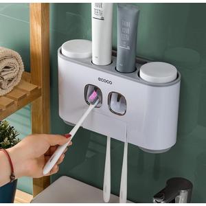 Toothbrush Holders with Toothpaste Dispenser Wall Mounted for Bathroom-4 Cups Automatic Electric Tooth Pastetooth Squeezer-Bathroom Organizer Storage Accessories Set for Kids with 5 Toothbrush Slots