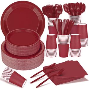 TWOWYHI 228PCS Burgundy Party Supplies Set Include Paper Plates Cups Paper Napkins Plastic Spoons Forks Knives for 30 Guests Disposable Party Dinnerware for Birthday Wedding Family Picnic