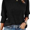 Womens Summer Blouse T-Shirts 3/4 Sleeve Tee Tops Crewneck Basic Business Tees Cute Loose Fit Going Out Shirts Blouses (Black, XL)
