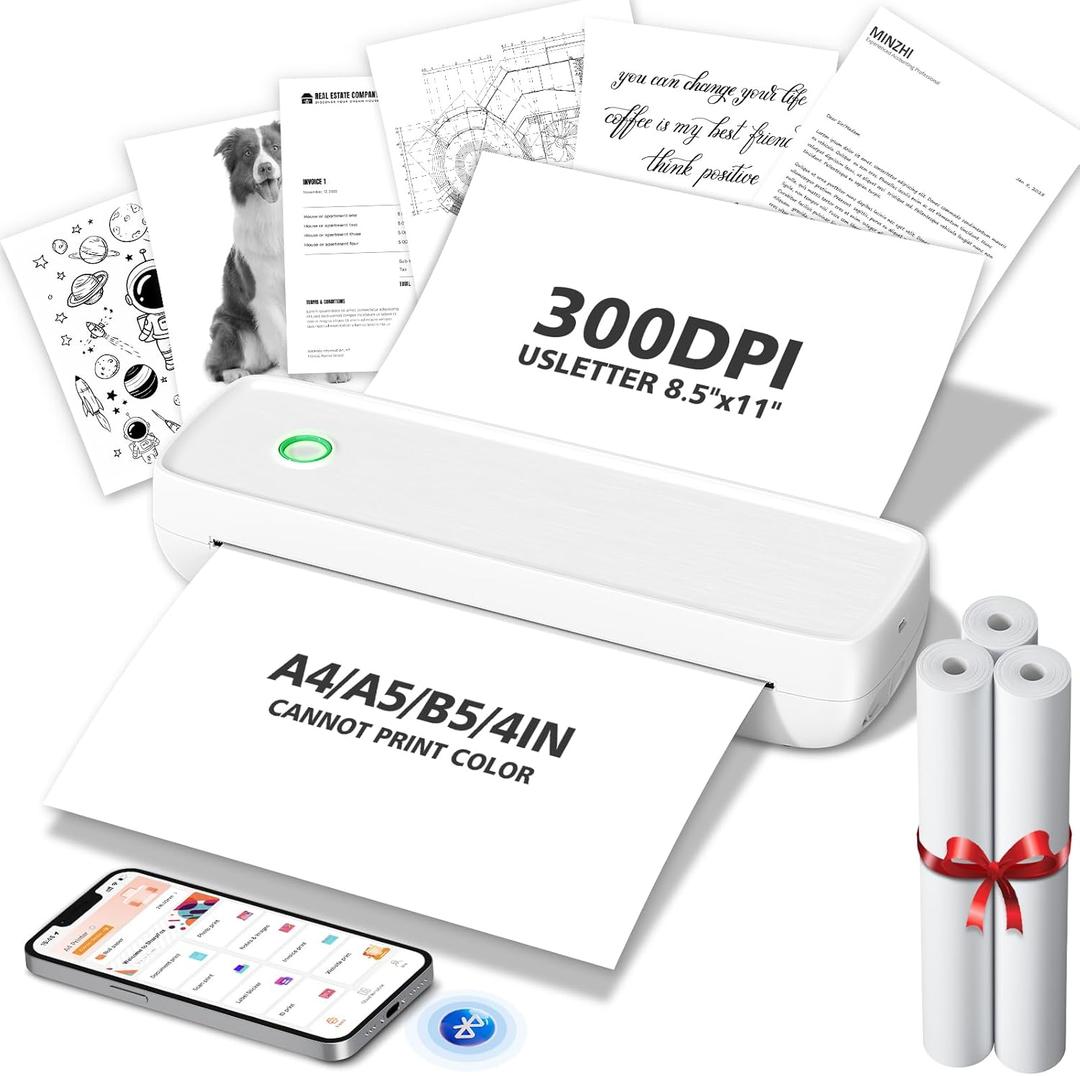 MinZhi Inkless Portable Printer for Travel, Wireless Printer Supports 8.5 x 11 Inch Thermal Paper, Bluetooth Machine Includes 3 Rolls of Thermal Paper Set, White