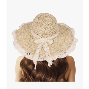 Women Straw Hat with Lace Girl Summer Wide Brim Sun Hat Foldable Beach Travel Roll Up Cap Elegant Crochet Straw Hat