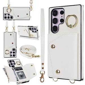 UEEBAI Crossbody Wallet Case for Samsung Galaxy S24 Ultra 5G, Card Slot Phone Case with Zipper Pocket Kickstand Purse Hand Strap Cover with Removable Crossbody Wrist Strap Flip Case - White