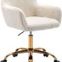 KCC Faux Fur Office Desk Chair, Comfy Swivel Armchair with Wheels, Upholstered Fuzzy Vanity Chair, Adjustable Height, White (White++golden Base)